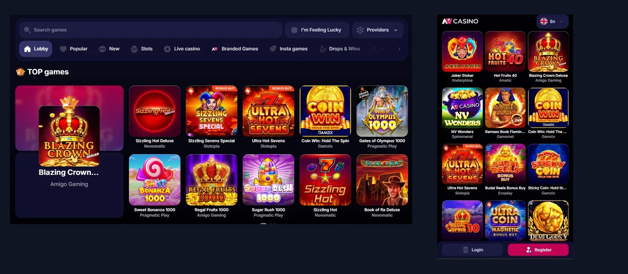 NV Casino — schermata della piattaforma